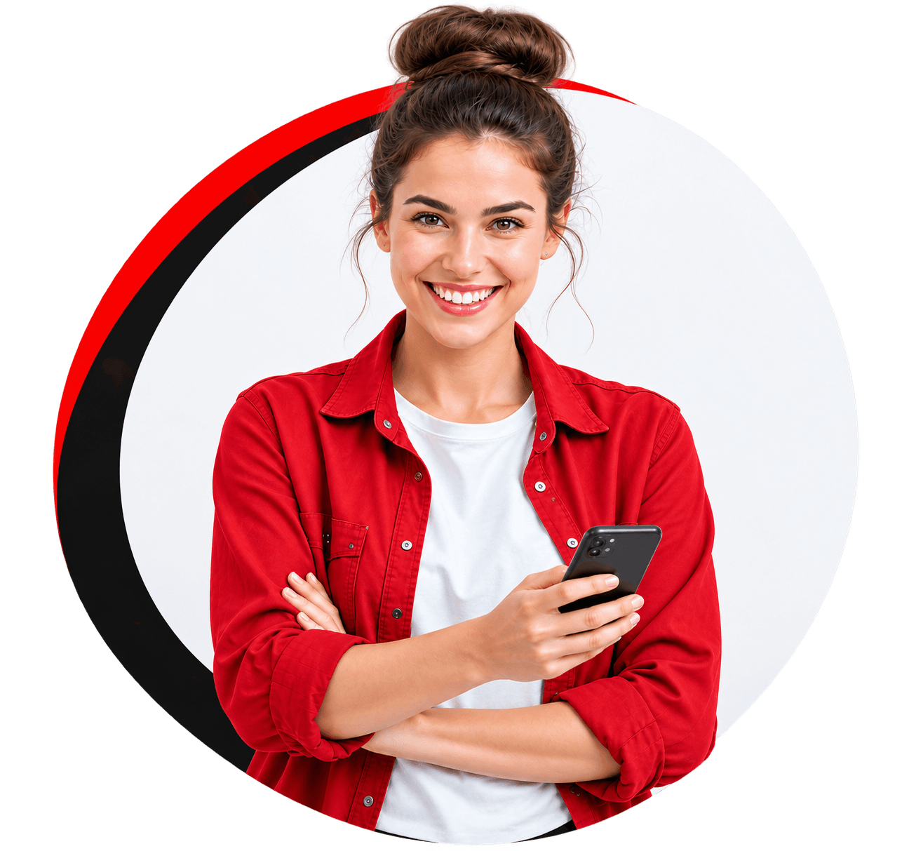 Smiling woman using her phone